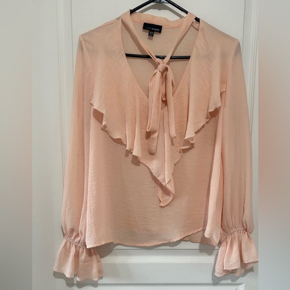 LUCY PARIS RUFFLED LONG SLEEVES CHIFFON NECK TIE IN LIGHT PEACH COLOUR SIZE S - Picture 3 of 8